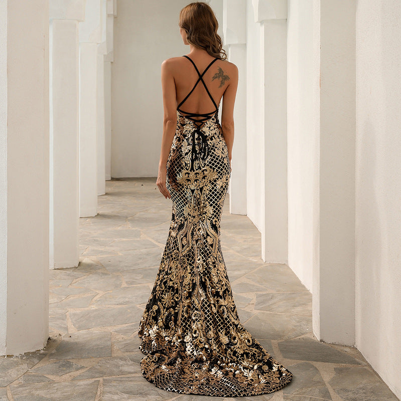 Party Formal Cocktail Suspender Leopard Print Split Party Prom Evening Gold