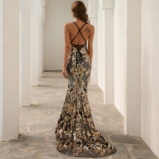 Party Formal Cocktail Suspender Leopard Print Split Party Prom Evening Gold