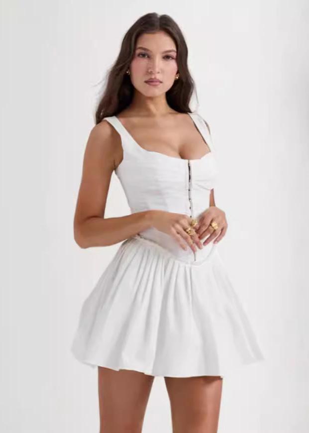 Scoop Neck Hook And Eye Corset Bodice Flared Mini Dress