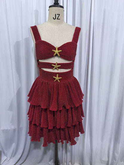 Little Mermaid Glitter Fabric Metal Starfish Hollow Layered Stretch One-piece Swimsuit