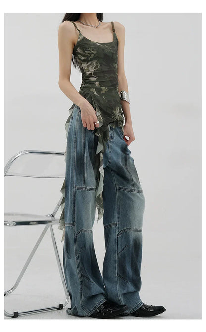 Vintage Distressed And Dirt-Dyed Patchwork Wide-Leg Jeans