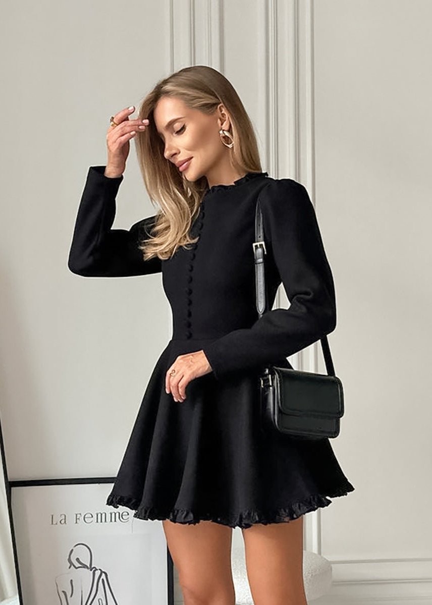 Ruffle Collar Button Front Pleated Fit and Flare Mini Dress