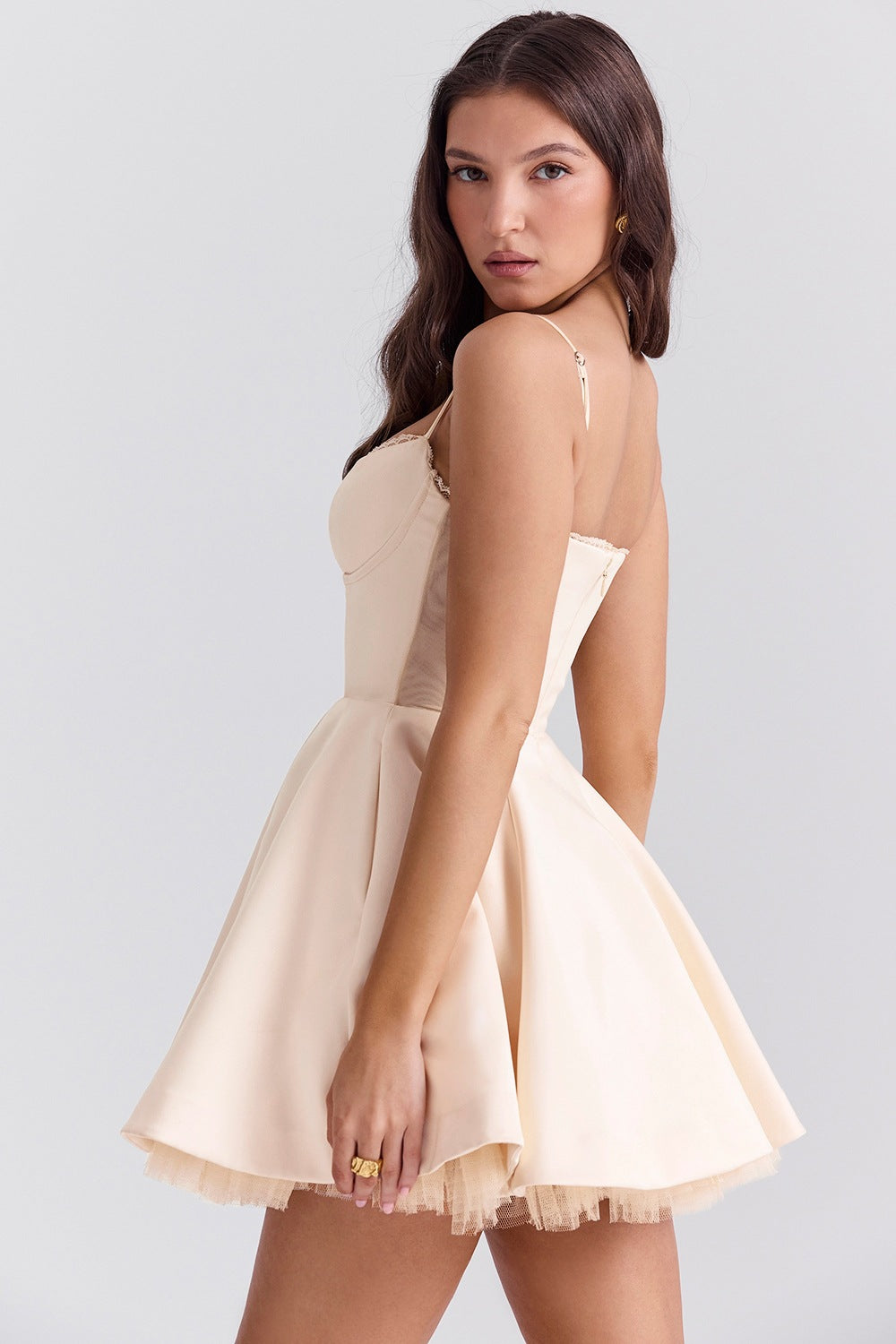 Sweetheart Bustier Lace Trim Tulle Hem Pleated Fit-and-Flare Mini Dress