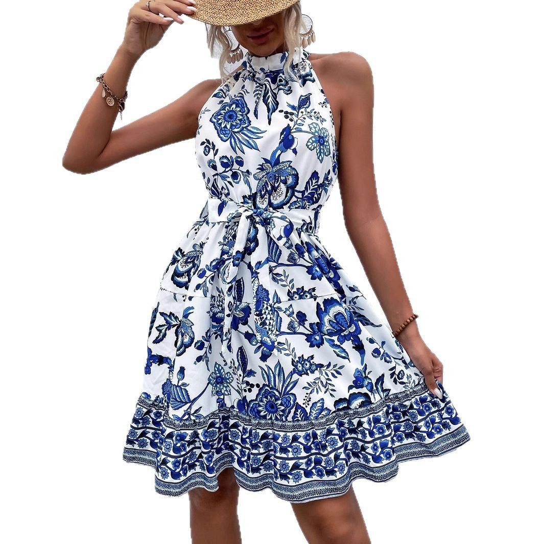Botanical Floral Print Ruffle Halter Neck Tie Waist Border Hem Mini Dress