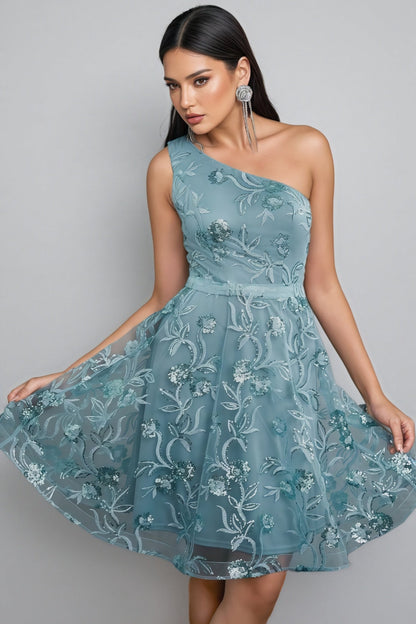 Flinl Green One-Shoulder Mesh Mini Dress