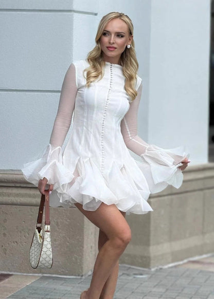 Sheer Mesh Sleeve Button-Front Tiered Organza Ruffle Mini Dress