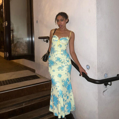 Printing Slip Dress Slim Waist Hip for