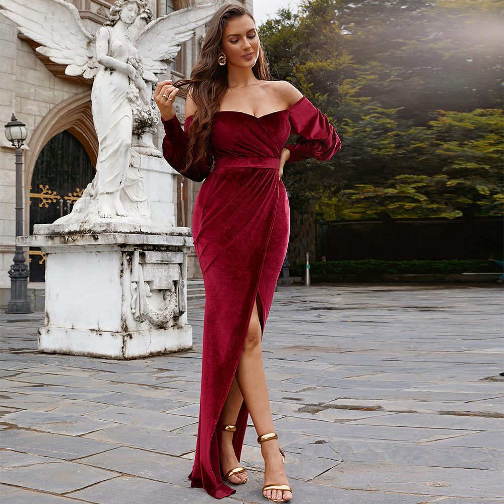 Long Sleeved Elegant Long Velvet U Neck Cocktail Split Evening Dress Bridesmaid Dress for