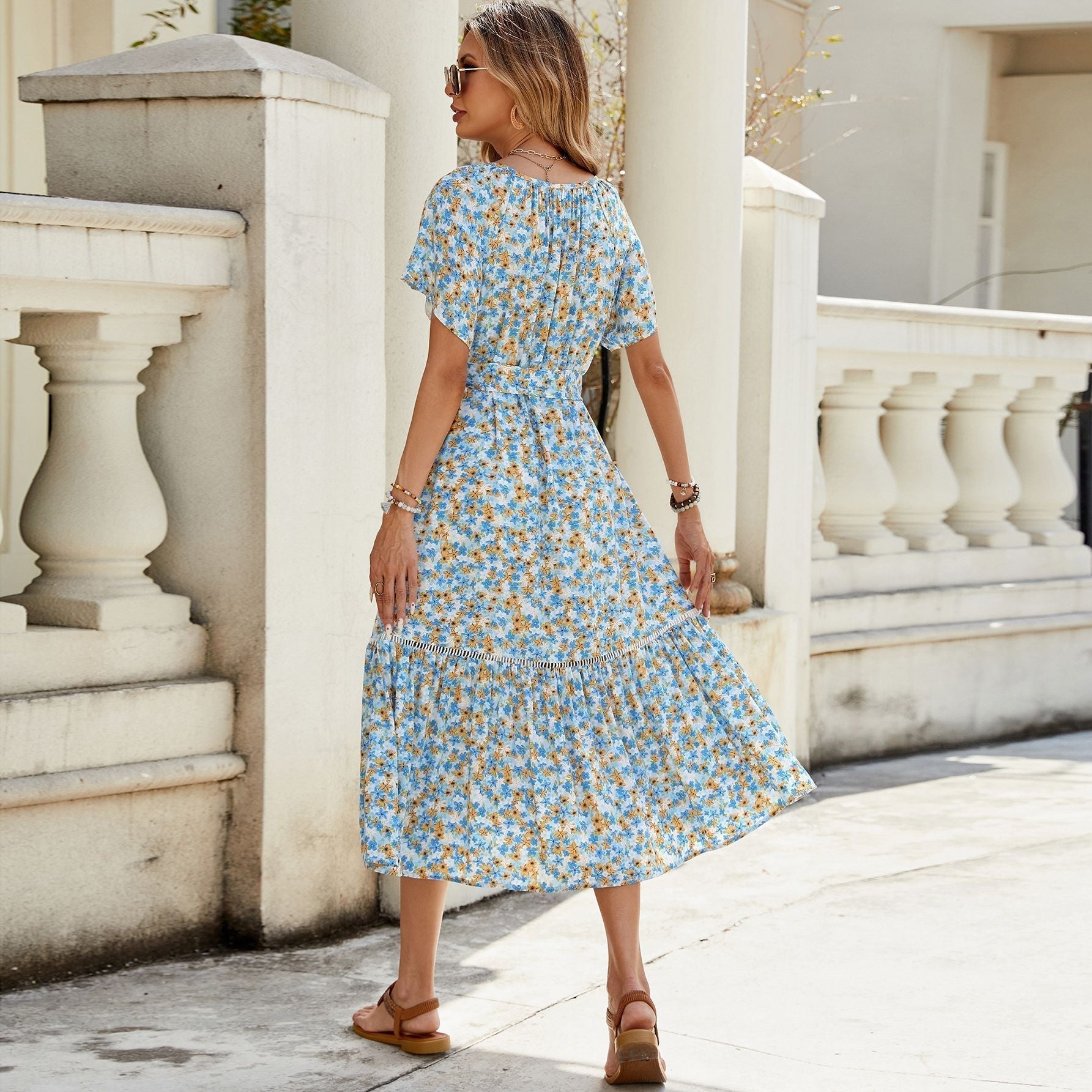 Scoop Neck Tie Tassel Flutter Sleeve Ditsy Floral Belted Tiered Midi Dress