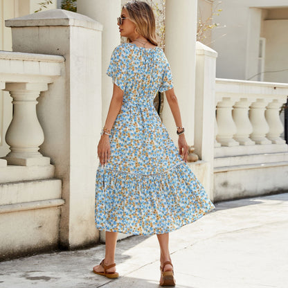 Scoop Neck Tie Tassel Flutter Sleeve Ditsy Floral Belted Tiered Midi Dress
