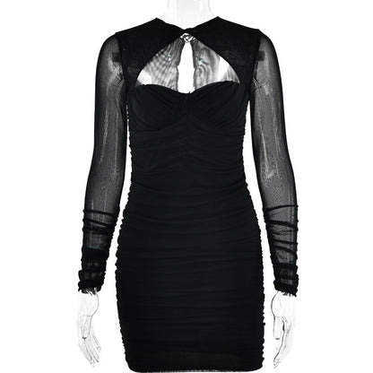 Hollow Out Cutout Low Cut Sheer Long Sleeve Skinny Hip Dress