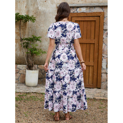 Sunflower Floral Print V-Neck Smocked Waist Flutter Sleeve Tiered Maxi Dress