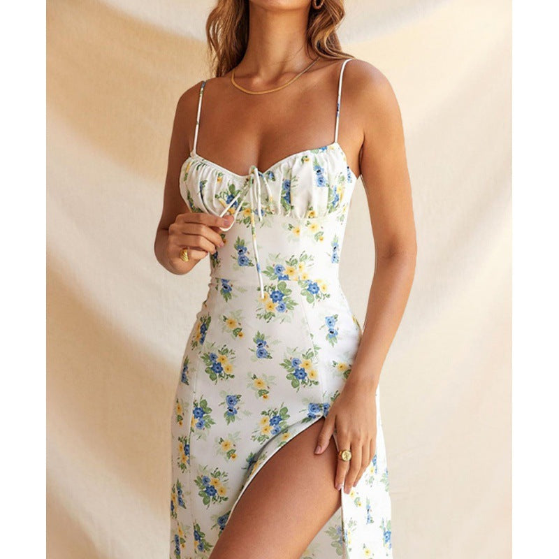 Ditsy Floral Print Spaghetti Strap Ruched Tie-Front Sweetheart Side Slit Midi Dress