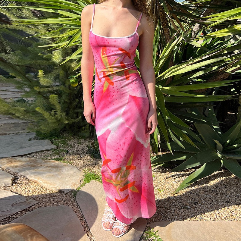 Large Floral Lily Print Spaghetti Strap Scoop Neck Bodycon Maxi Dress