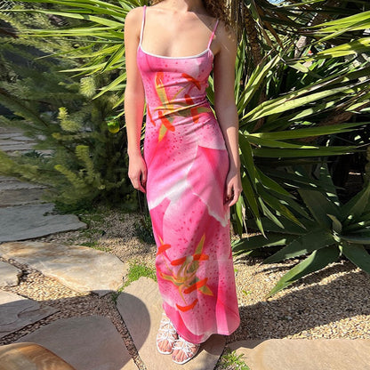 Large Floral Lily Print Spaghetti Strap Scoop Neck Bodycon Maxi Dress