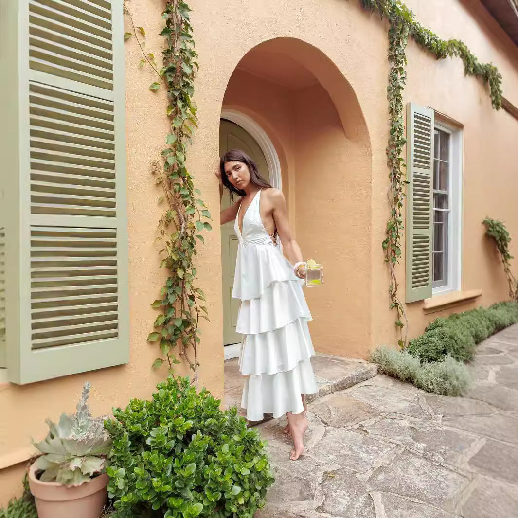 Halter Plunge V-Neck Tiered Ruffle Lace-Up Back Maxi Dress