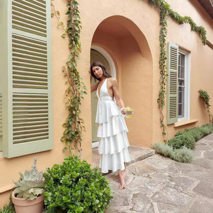 Halter Plunge V-Neck Tiered Ruffle Lace-Up Back Maxi Dress
