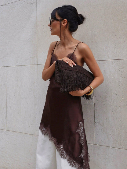 Women Satin Lace Slip Dress – Imitation Silk Lace Slit Inner Dress