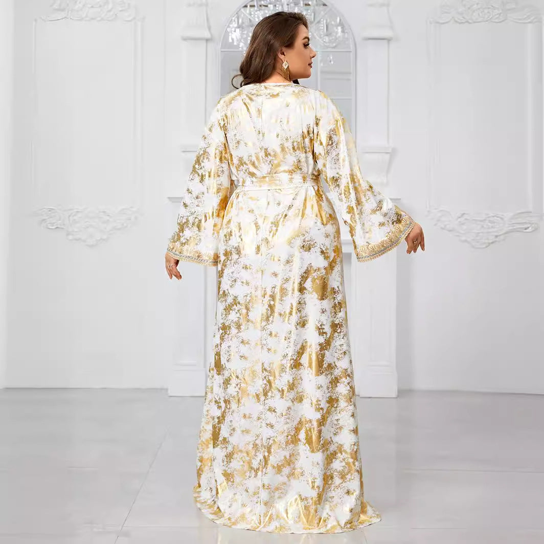 Plus Size Muslim V Neck Embroidery Lace Long Sleeved Middle East Dress Containing Belt