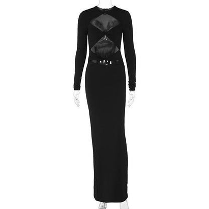 Hollowed out Solid Color Long Sleeve Slim Fit Cropped Dress