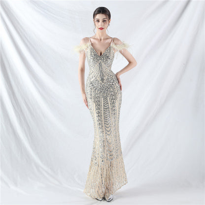 Positioning Floral Sequin Craft Order Ostrich Hair High End Evening Dress