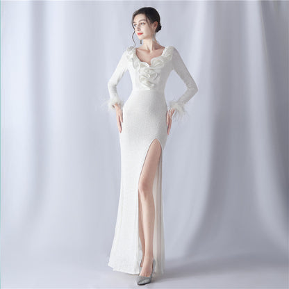 Ostrich Hair Craft Wave Sequin Decoration High End Evening Dress