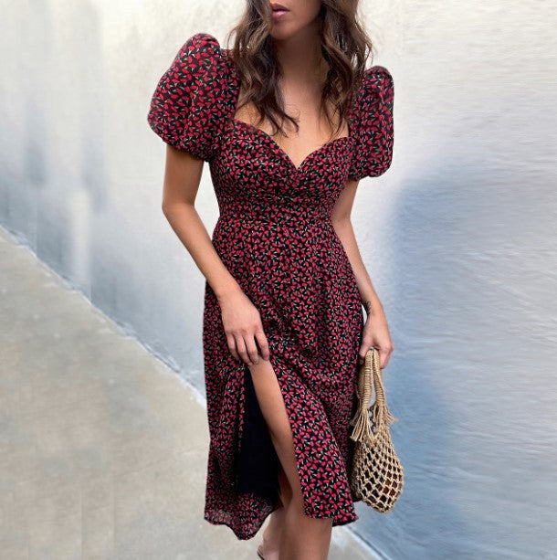 Ditsy Floral Print Puff Sleeve Sweetheart Neck High-Slit Midi Dress