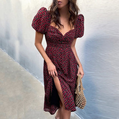Ditsy Floral Print Puff Sleeve Sweetheart Neck High-Slit Midi Dress