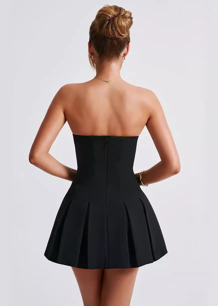 Strapless Princess Seam Box Pleated Fit and Flare Mini Dress