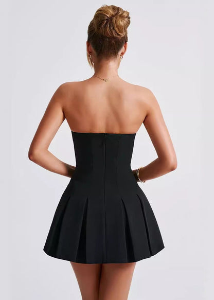 Strapless Princess Seam Box Pleated Fit and Flare Mini Dress