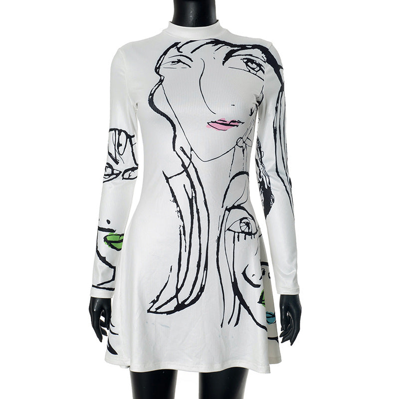 Positioning Portrait Line Printing Casual Long Sleeve Dress