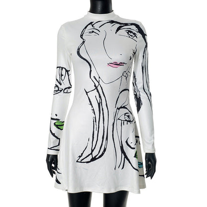 Positioning Portrait Line Printing Casual Long Sleeve Dress