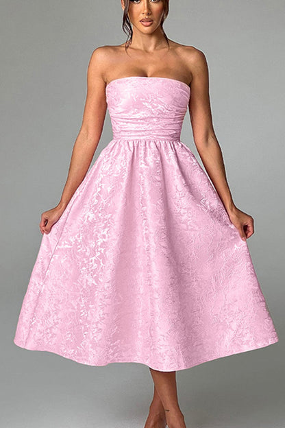 Jacquard Fabric Strapless Open Back Elegant Slim Midi Dress