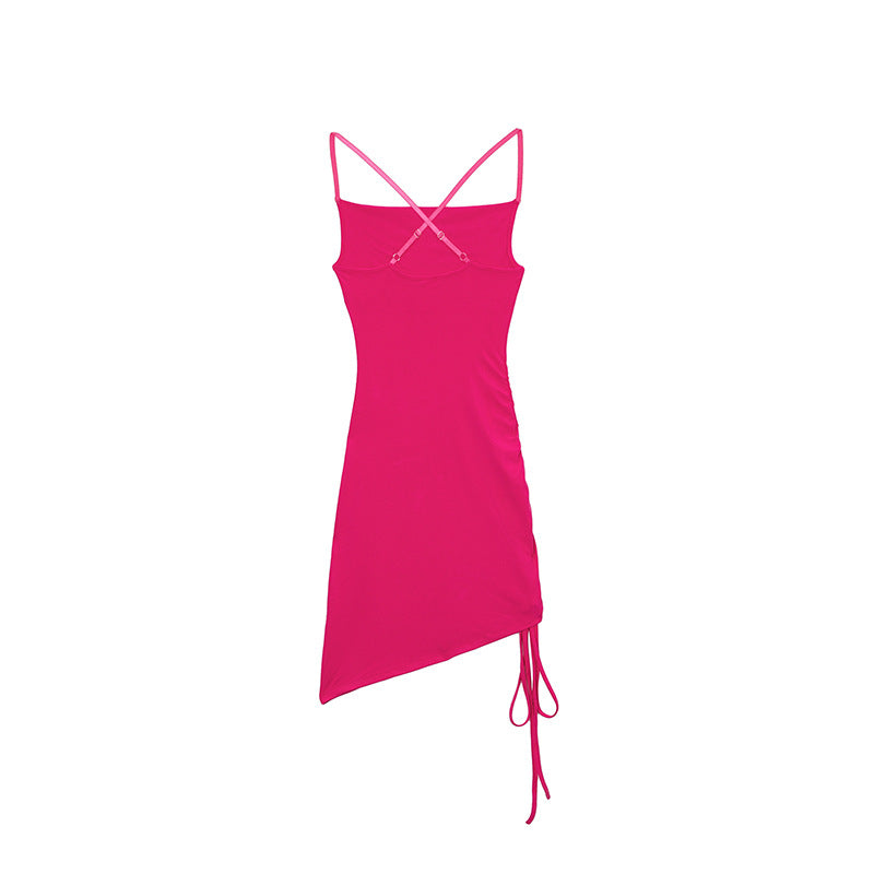 Cowl Neck Spaghetti Strap Side Ruched Asymmetric Hem Mini Dress