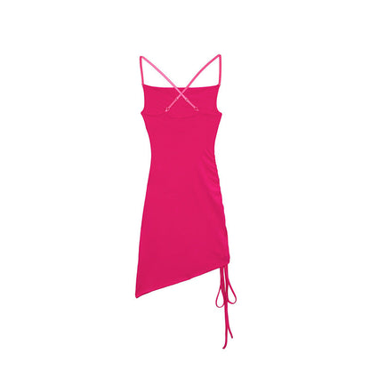 Cowl Neck Spaghetti Strap Side Ruched Asymmetric Hem Mini Dress