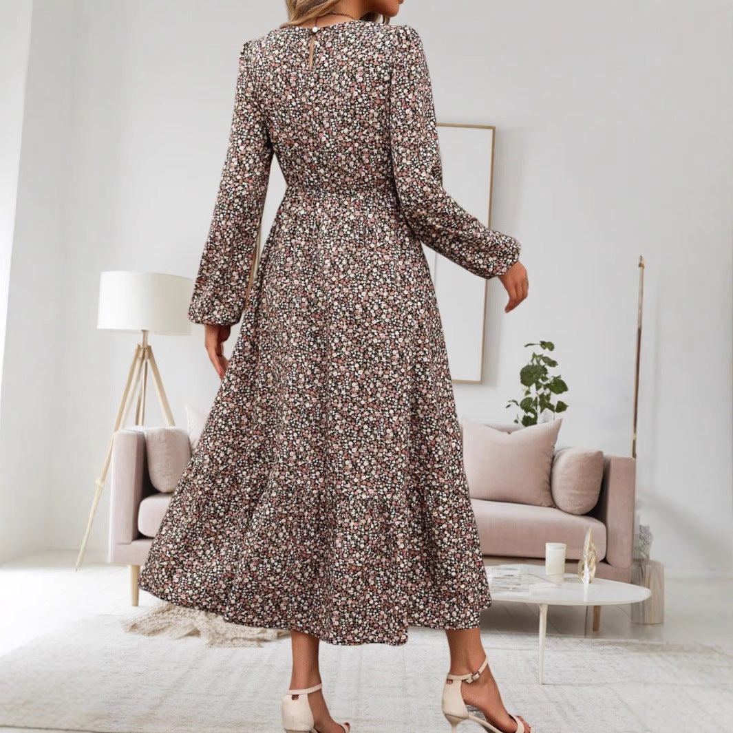 Ditsy Floral Round Neck Long Sleeve Smocked Waist Tiered Ruffle Maxi Dress
