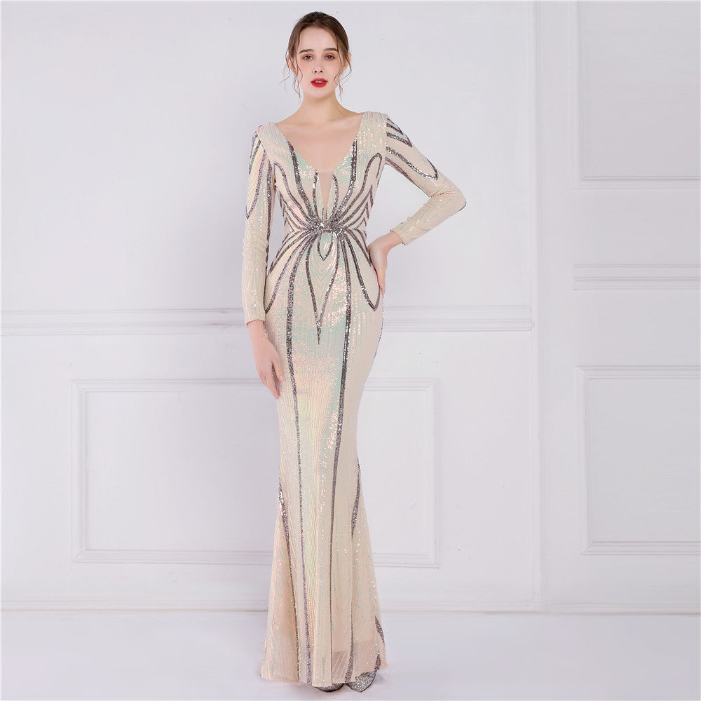 Positioning Floral Sequin Evening Banquet Elegant Long Sleeve Sequined Queen Fishtail Dress