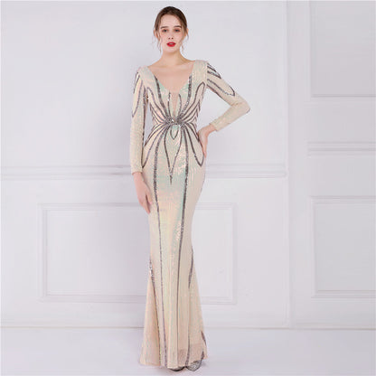 Positioning Floral Sequin Evening Banquet Elegant Long Sleeve Sequined Queen Fishtail Dress