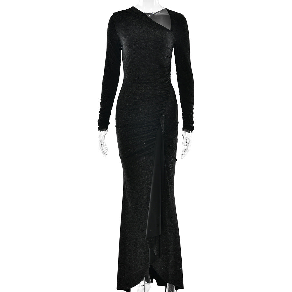 Elegant Slim Dress Diagonal Collar Long Sleeve Pleated Bright Silk Dress