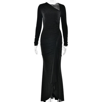 Elegant Slim Dress Diagonal Collar Long Sleeve Pleated Bright Silk Dress
