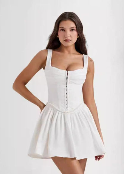 Scoop Neck Hook And Eye Corset Bodice Flared Mini Dress