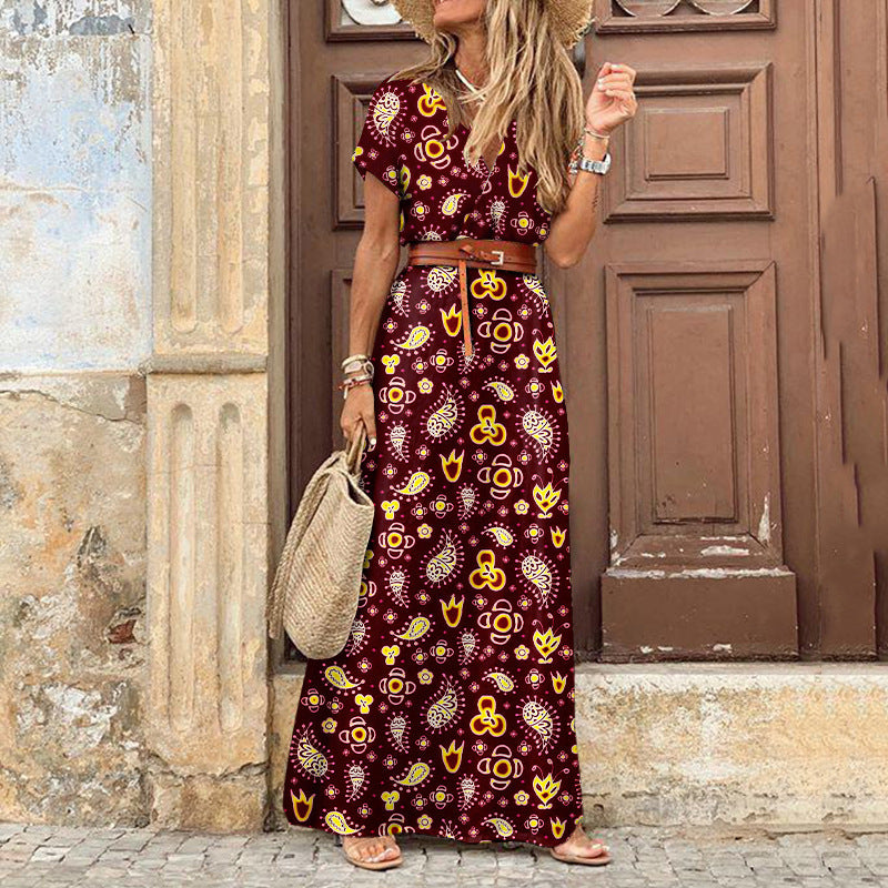 Paisley Print Deep V-Neck Short Sleeve High Slit Flowy Maxi Dress