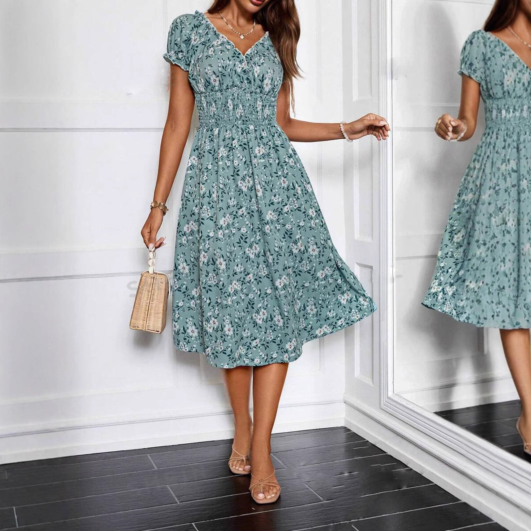 Ditsy Floral Lettuce-Edge V-Neck Puff Sleeve Smocked Waist A-Line Midi Dress