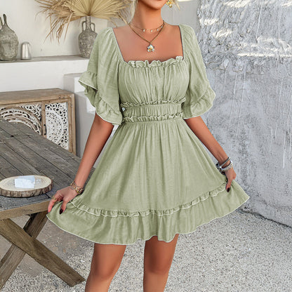 Square Neck Lettuce Edge Flutter Sleeve Shirred Waist Tiered Ruffle Hem Mini Dress