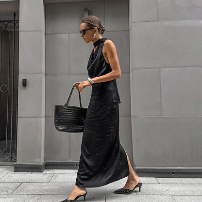 Design Black Thin Soft Matte Satin Swing Collar off Shoulder Elegant Dress Self Tie