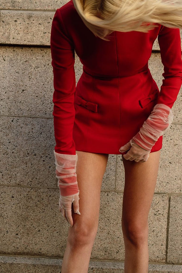 Budding Elegance Bow Detail Boat Neck Long Sleeve Mini Dress