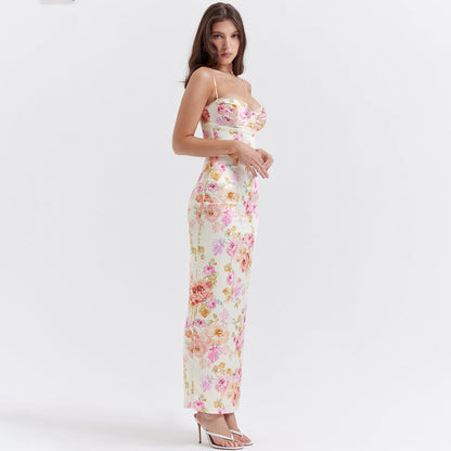Dress Printed Strap Dress Backless Slit Vacation Floral Dress for