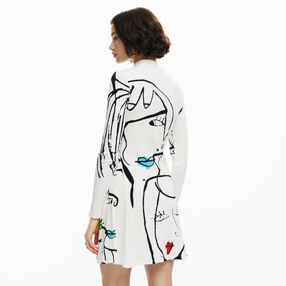 Positioning Portrait Line Printing Casual Long Sleeve Dress