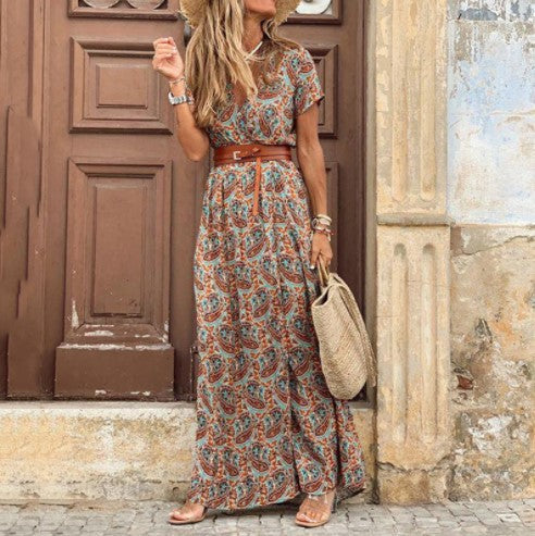 Paisley Print Deep V-Neck Short Sleeve High Slit Flowy Maxi Dress