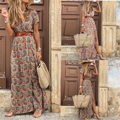 Paisley Print Deep V-Neck Short Sleeve High Slit Flowy Maxi Dress